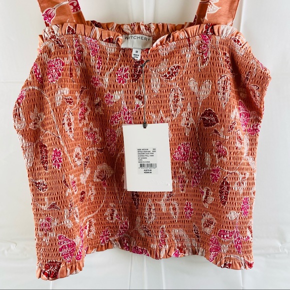 Witchery Pink Floral Shirred Frill Trim Square Neckline Cropped Tank Top Size XL - Picture 6 of 14